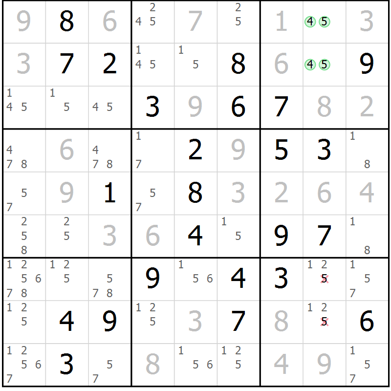 Position des candidats pour la solution de la Gr 45 page 48 du magazine de sudoku Virtuose n° 104