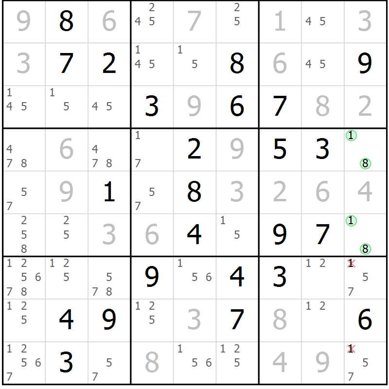 Position des candidats pour la solution de la Gr 45 page 48 du magazine de sudoku Virtuose n° 104