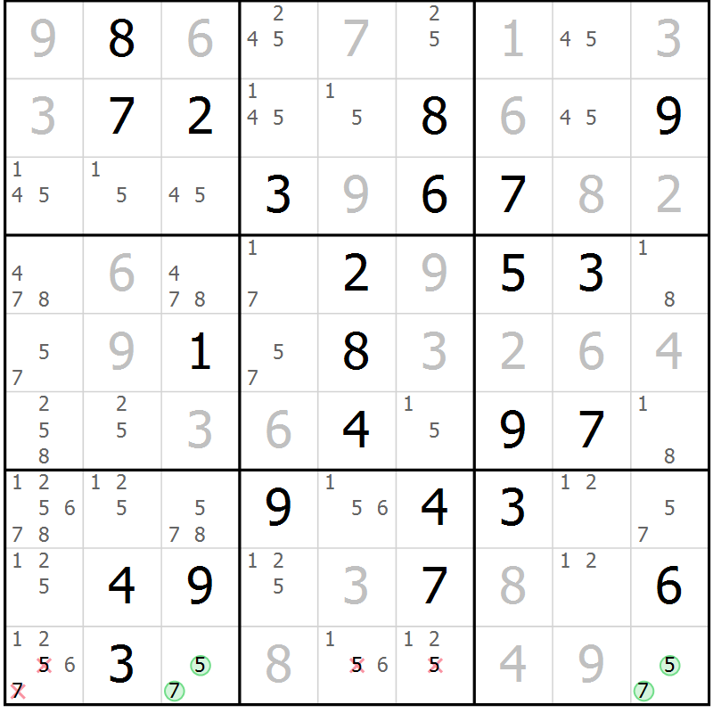 Position des candidats pour la solution de la Gr 45 page 48 du magazine de sudoku Virtuose n° 104