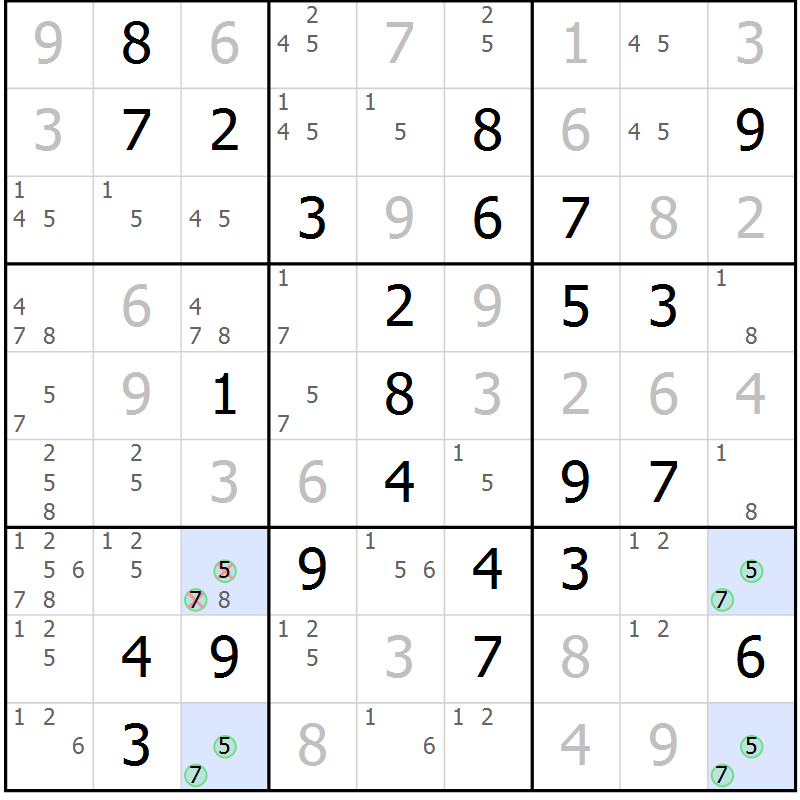Position des candidats pour la solution de la Gr 45 page 48 du magazine de sudoku Virtuose n° 104