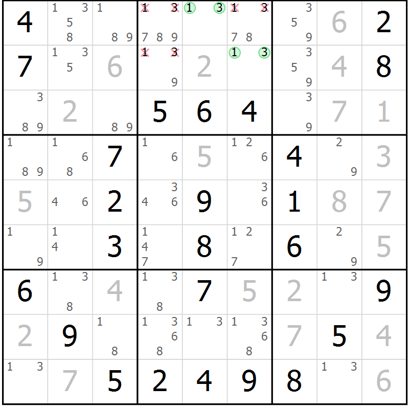 Position des candidats pour la solution de la Gr 46 page 49 du magazine de sudoku Virtuose n° 104