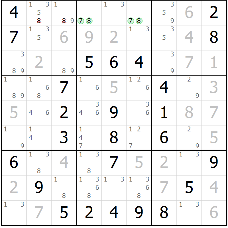 Position des candidats pour la solution de la Gr 46 page 49 du magazine de sudoku Virtuose n° 104