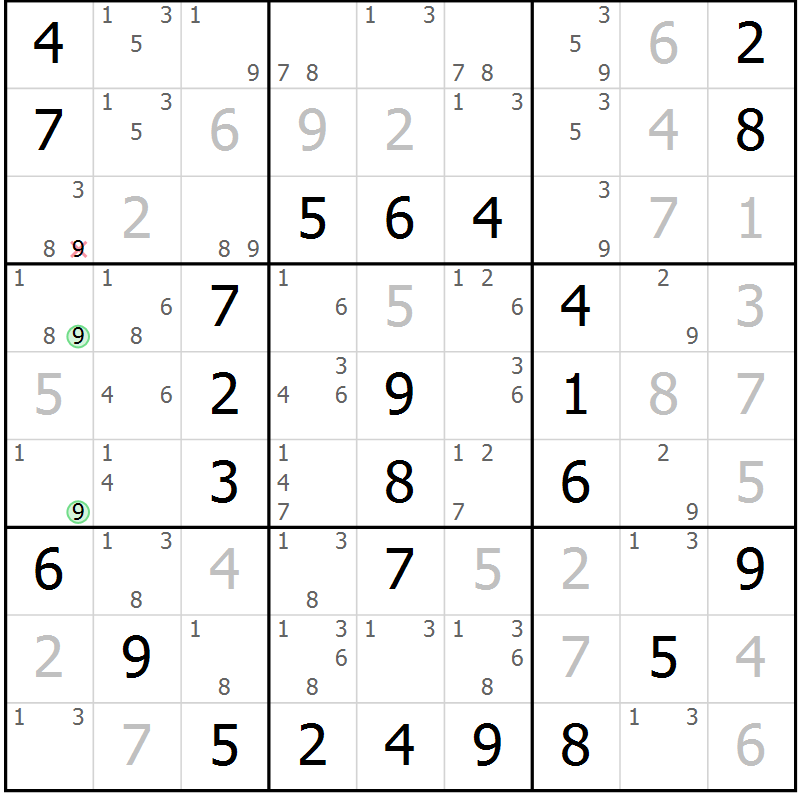 Position des candidats pour la solution de la Gr 46 page 49 du magazine de sudoku Virtuose n° 104
