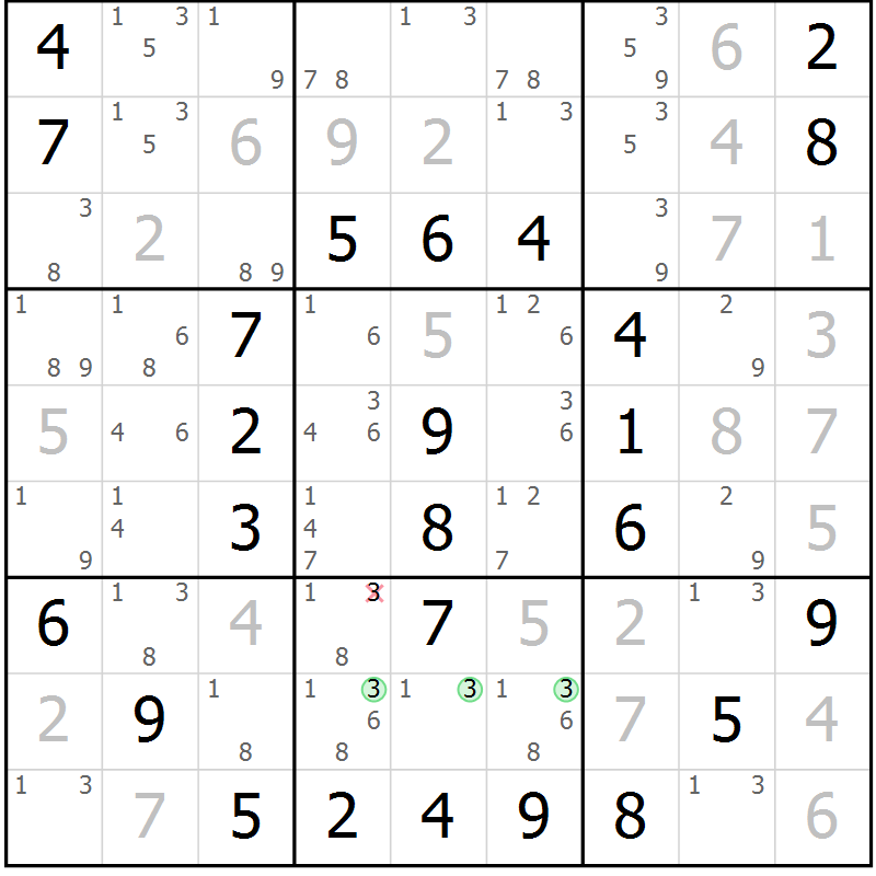 Position des candidats pour la solution de la Gr 46 page 49 du magazine de sudoku Virtuose n° 104