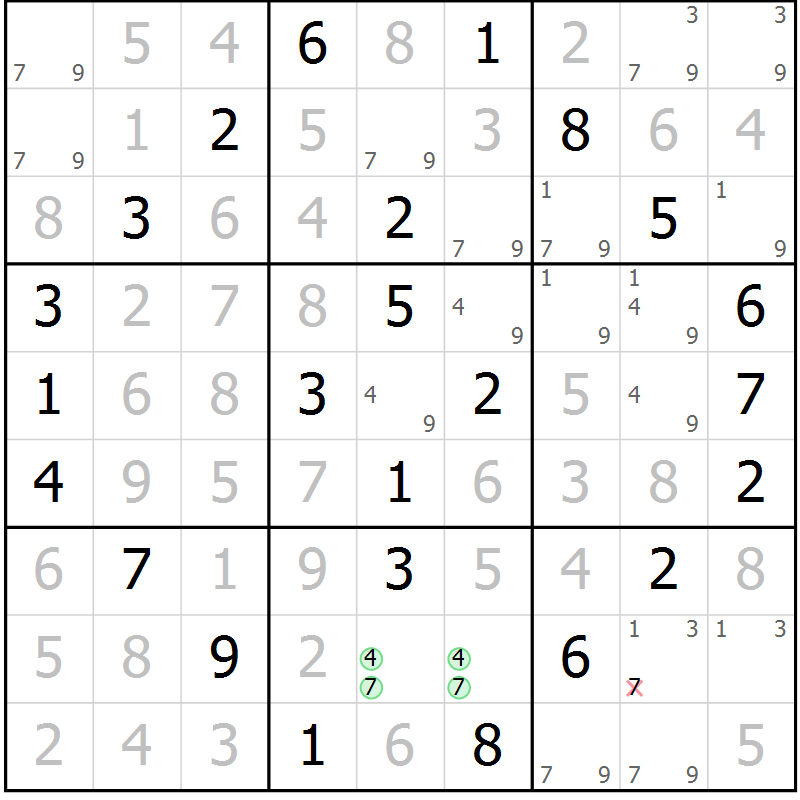 Position des candidats pour la solution de la Gr 47 page 50 du magazine de sudoku Virtuose n° 104