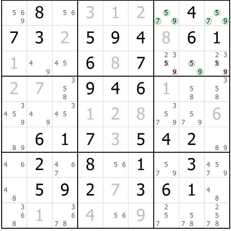 Position des candidats pour la solution de la Gr 48 page 51 du magazine de sudoku Virtuose n° 104