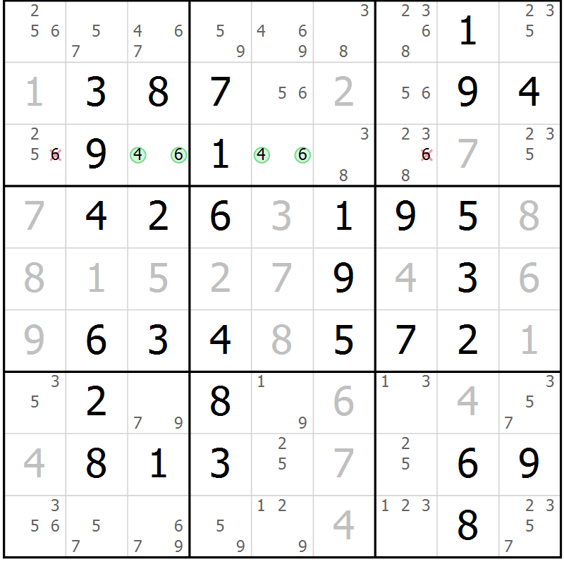 Position des candidats pour la solution de la Gr 49 page 52 du magazine de sudoku Virtuose n° 104