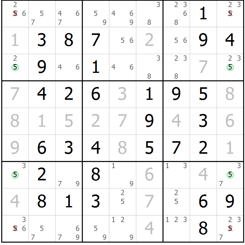 Position des candidats pour la solution de la Gr 49 page 52 du magazine de sudoku Virtuose n° 104