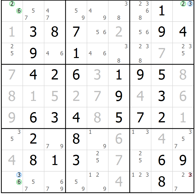 Position des candidats pour la solution de la Gr 49 page 52 du magazine de sudoku Virtuose n° 104