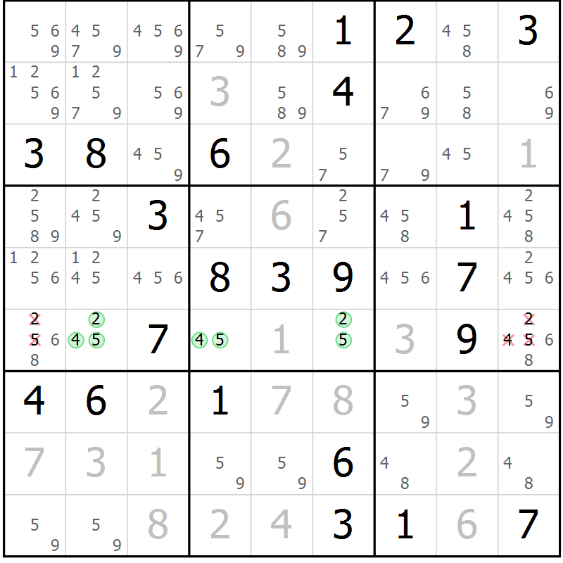 Position des candidats pour la solution de la Gr 5 page 8 du magazine de sudoku Virtuose n° 104