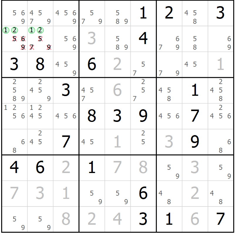 Position des candidats pour la solution de la Gr 5 page 8 du magazine de sudoku Virtuose n° 104