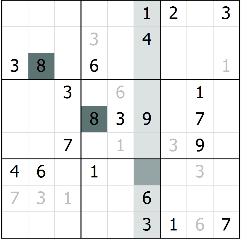 Position des candidats pour la solution de la Gr 5 page 8 du magazine de sudoku Virtuose n° 104