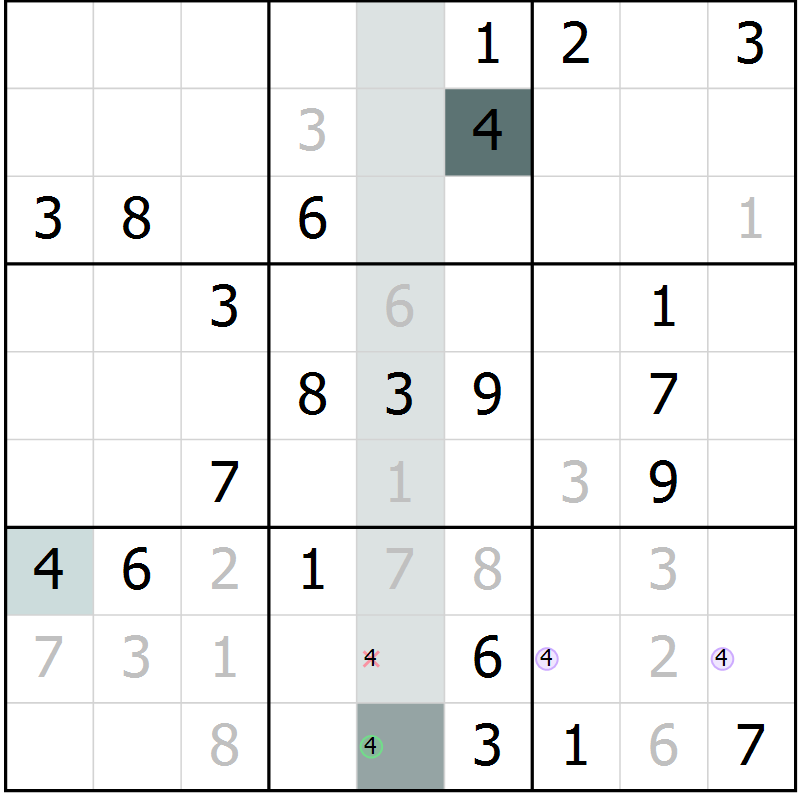 Position des candidats pour la solution de la Gr 5 page 8 du magazine de sudoku Virtuose n° 104