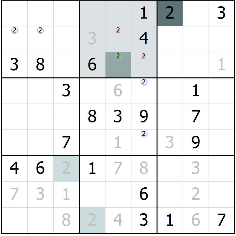 Position des candidats pour la solution de la Gr 5 page 8 du magazine de sudoku Virtuose n° 104