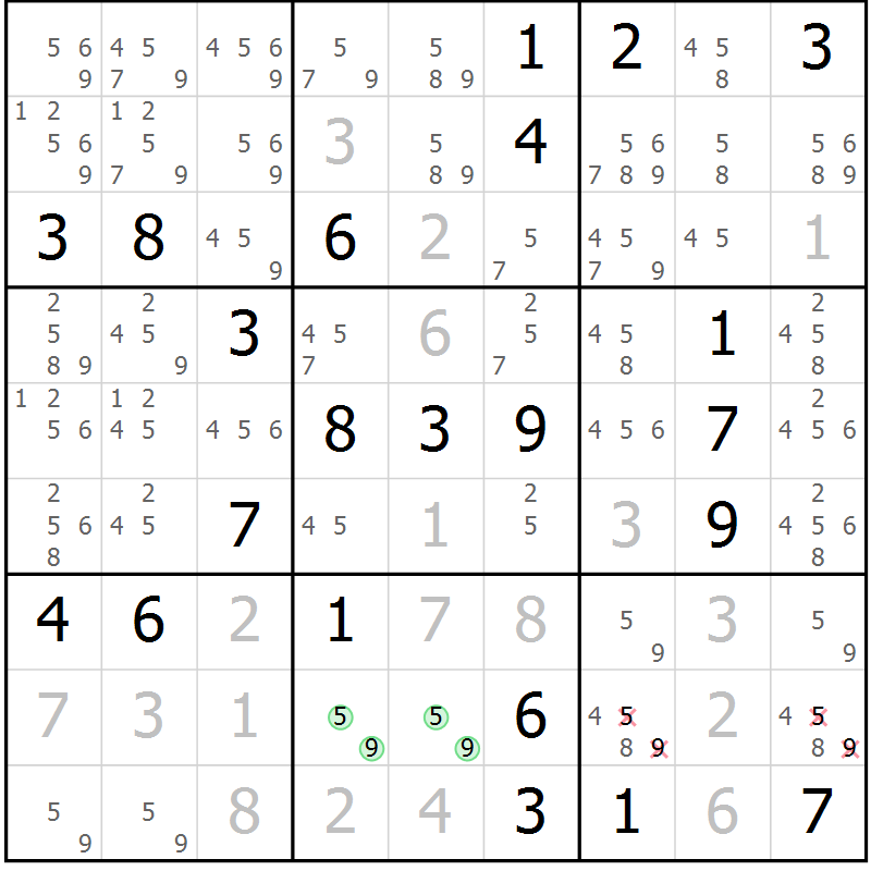 Position des candidats pour la solution de la Gr 5 page 8 du magazine de sudoku Virtuose n° 104