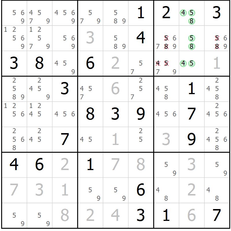 Position des candidats pour la solution de la Gr 5 page 8 du magazine de sudoku Virtuose n° 104