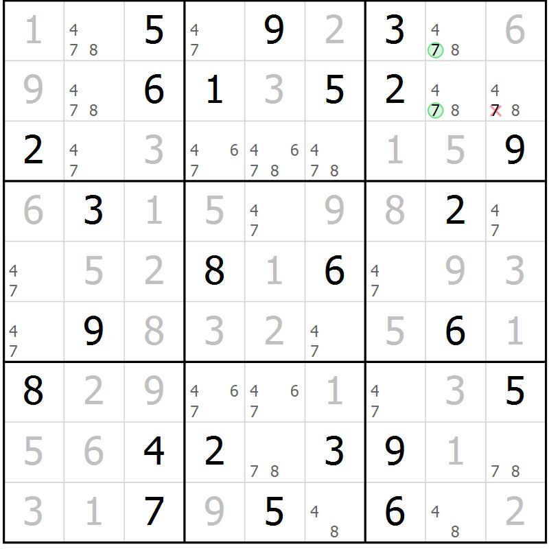 Position des candidats pour la solution de la Gr 50 page 53 du magazine de sudoku Virtuose n° 104