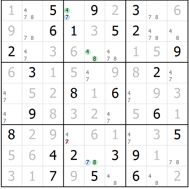 Position des candidats pour la solution de la Gr 50 page 53 du magazine de sudoku Virtuose n° 104
