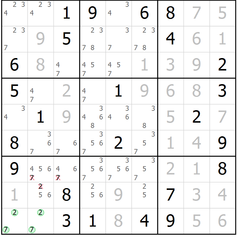 Position des candidats pour la solution de la Gr 51 page 54 du magazine de sudoku Virtuose n° 104