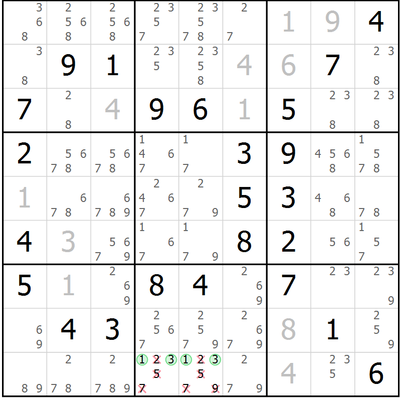 Position des candidats pour la solution de la Gr 52 page 55 du magazine de sudoku Virtuose n° 104