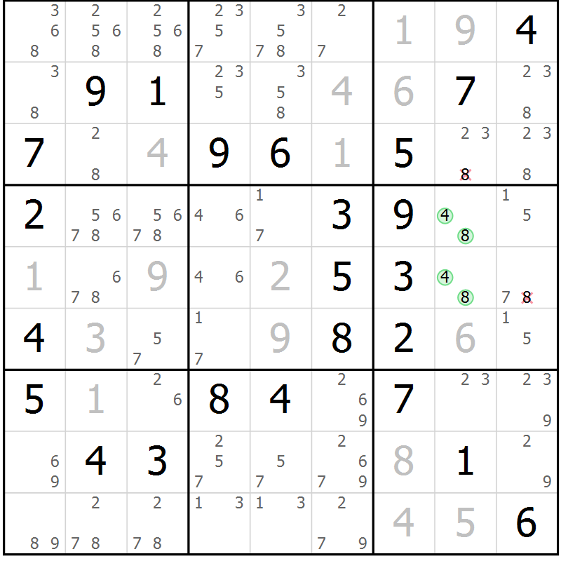 Position des candidats pour la solution de la Gr 52 page 55 du magazine de sudoku Virtuose n° 104
