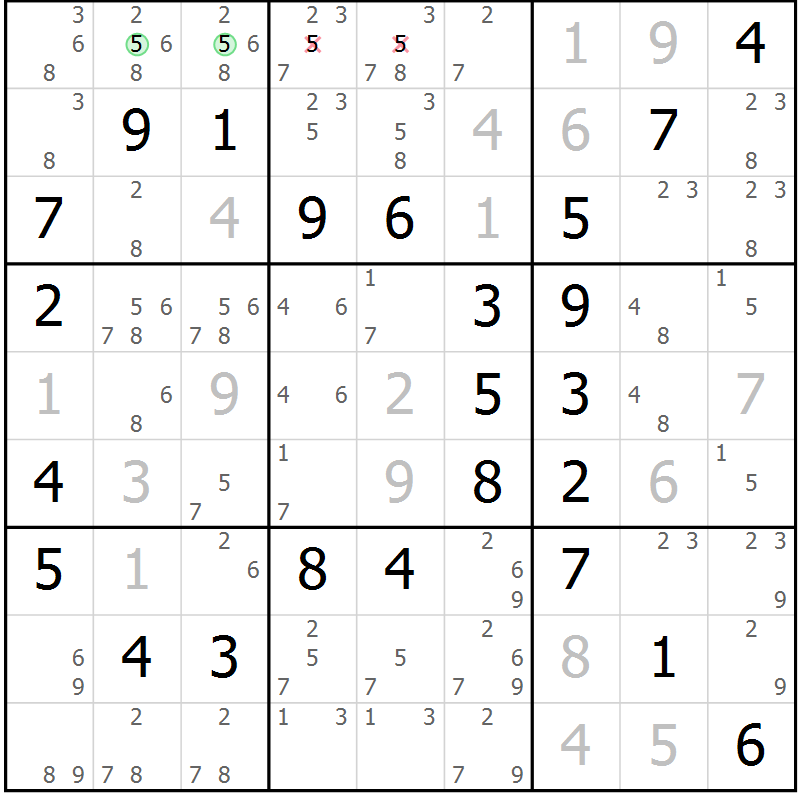 Position des candidats pour la solution de la Gr 52 page 55 du magazine de sudoku Virtuose n° 104