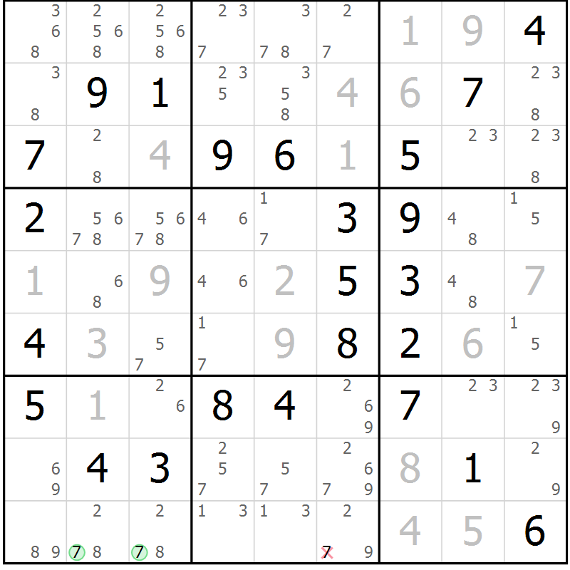 Position des candidats pour la solution de la Gr 52 page 55 du magazine de sudoku Virtuose n° 104