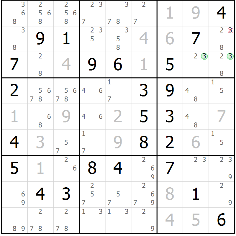 Position des candidats pour la solution de la Gr 52 page 55 du magazine de sudoku Virtuose n° 104