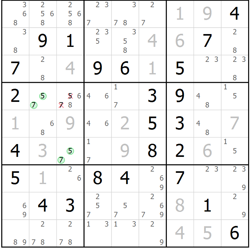 Position des candidats pour la solution de la Gr 52 page 55 du magazine de sudoku Virtuose n° 104