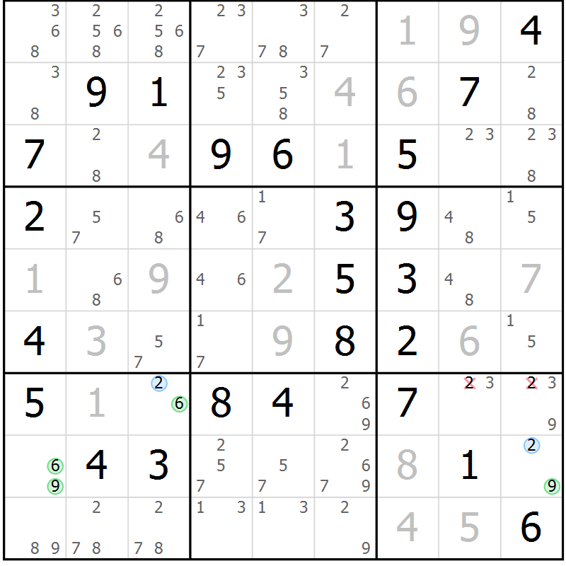 Position des candidats pour la solution de la Gr 52 page 55 du magazine de sudoku Virtuose n° 104
