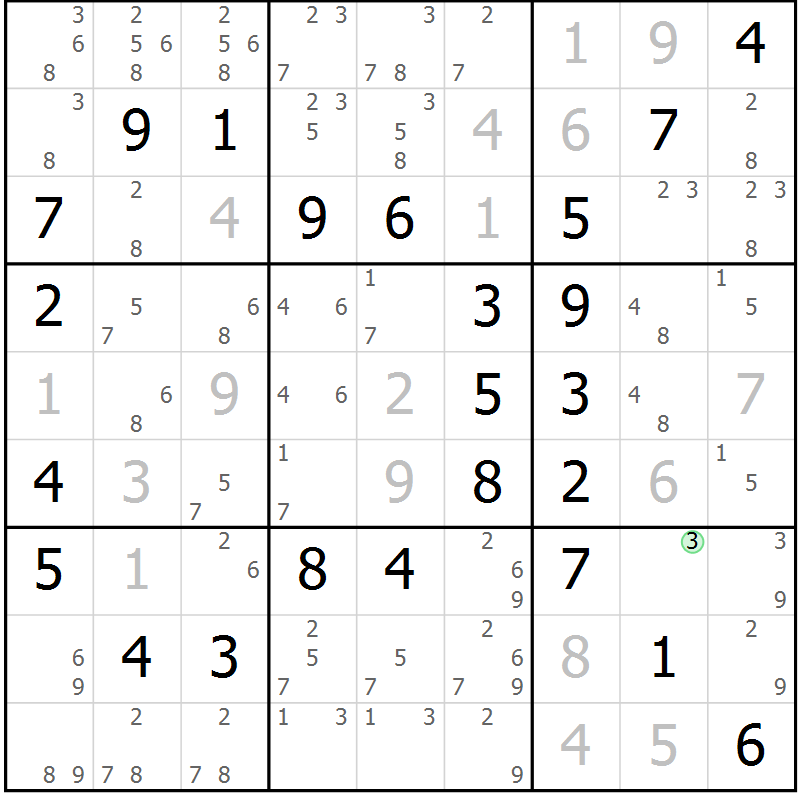 Position des candidats pour la solution de la Gr 52 page 55 du magazine de sudoku Virtuose n° 104
