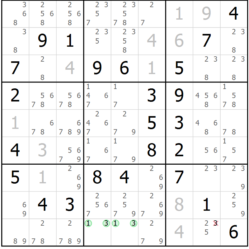 Position des candidats pour la solution de la Gr 52 page 55 du magazine de sudoku Virtuose n° 104