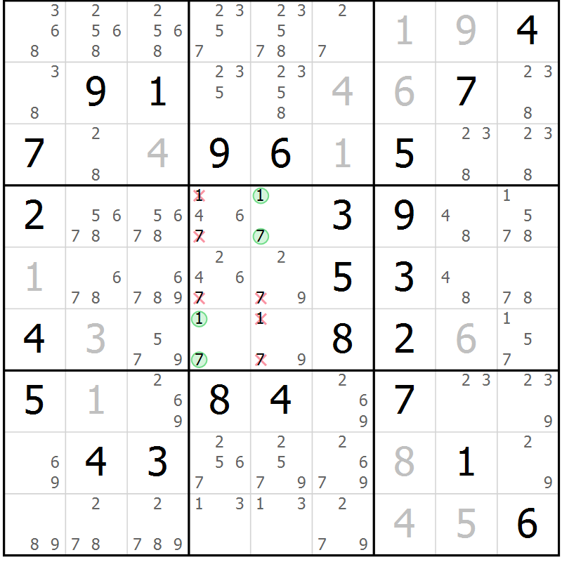 Position des candidats pour la solution de la Gr 52 page 55 du magazine de sudoku Virtuose n° 104