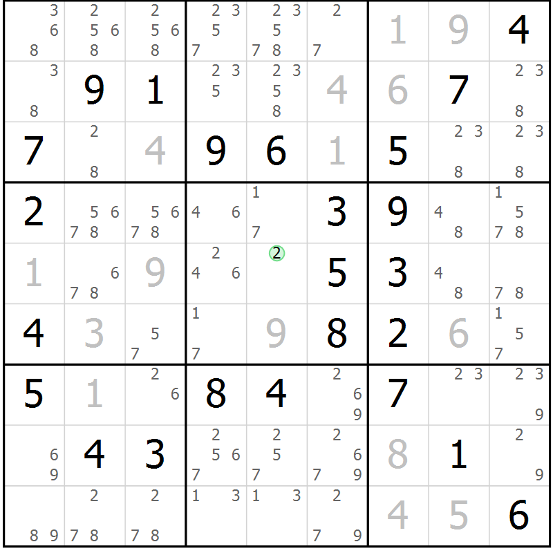 Position des candidats pour la solution de la Gr 52 page 55 du magazine de sudoku Virtuose n° 104