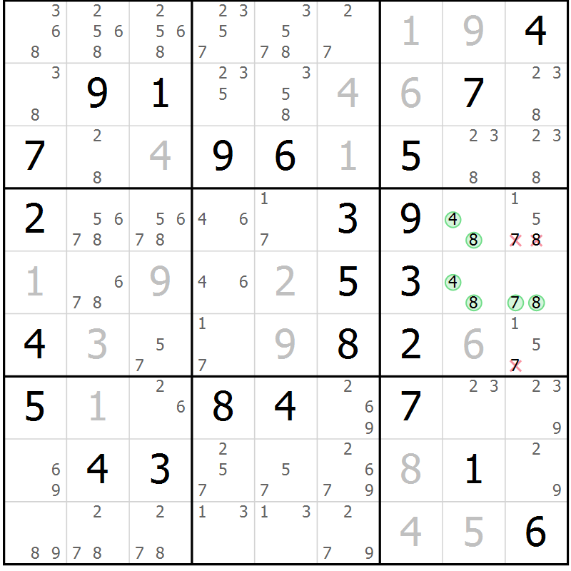 Position des candidats pour la solution de la Gr 52 page 55 du magazine de sudoku Virtuose n° 104