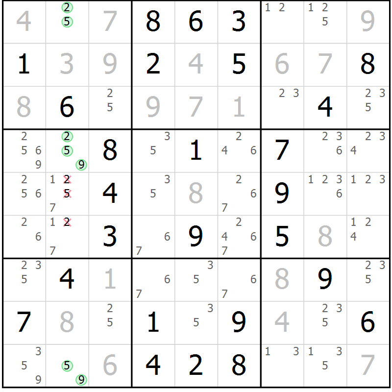 Position des candidats pour la solution de la Gr 53 page 56 du magazine de sudoku Virtuose n° 104