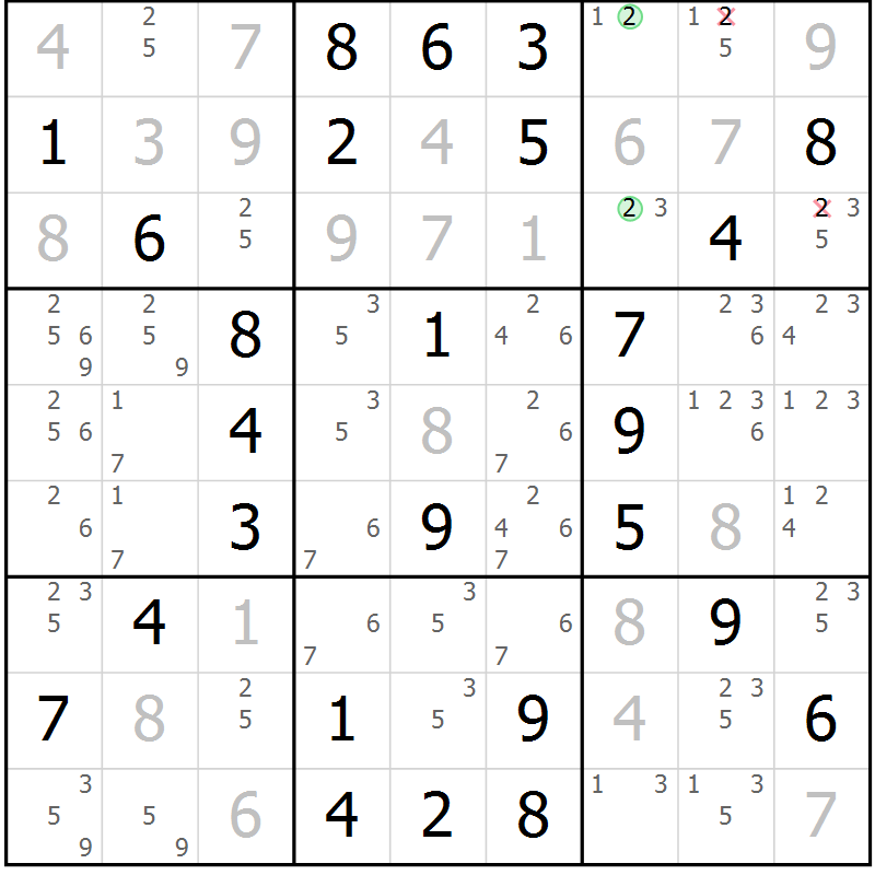 Position des candidats pour la solution de la Gr 53 page 56 du magazine de sudoku Virtuose n° 104