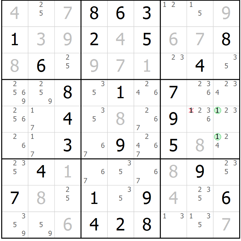 Position des candidats pour la solution de la Gr 53 page 56 du magazine de sudoku Virtuose n° 104