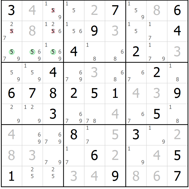 Position des candidats pour la solution de la Gr 55 page 58 du magazine de sudoku Virtuose n° 104