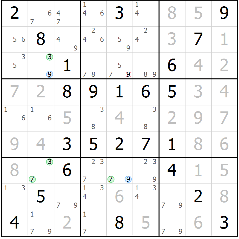 Position des candidats pour la solution de la Gr 56 page 59 du magazine de sudoku Virtuose n° 104