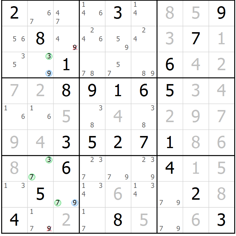 Position des candidats pour la solution de la Gr 56 page 59 du magazine de sudoku Virtuose n° 104