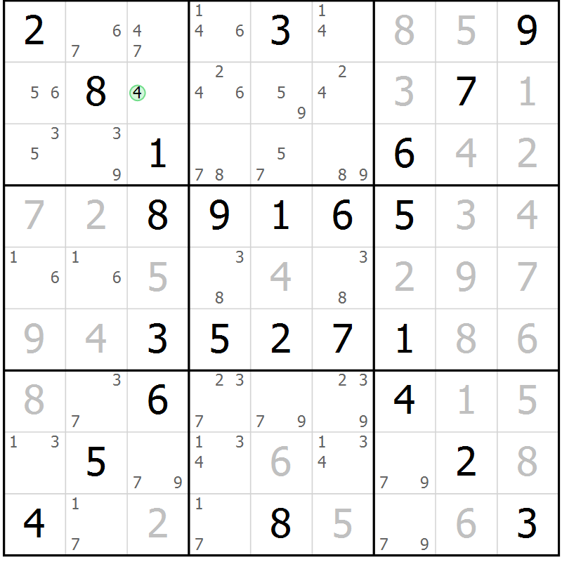 Position des candidats pour la solution de la Gr 56 page 59 du magazine de sudoku Virtuose n° 104