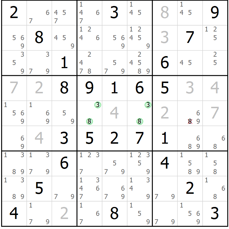 Position des candidats pour la solution de la Gr 56 page 59 du magazine de sudoku Virtuose n° 104