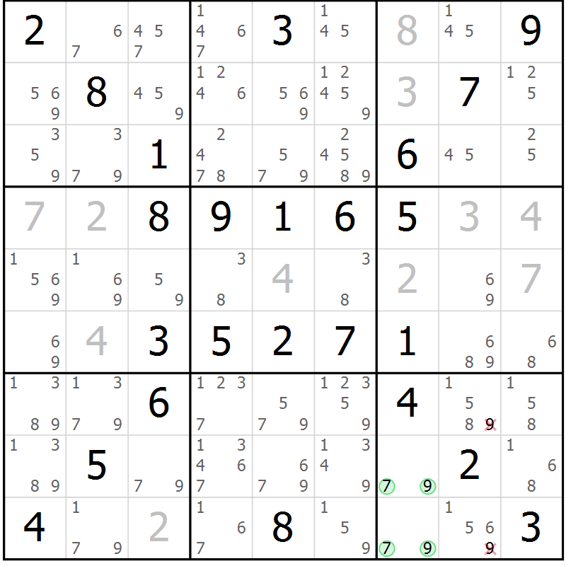Position des candidats pour la solution de la Gr 56 page 59 du magazine de sudoku Virtuose n° 104