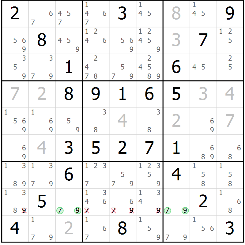 Position des candidats pour la solution de la Gr 56 page 59 du magazine de sudoku Virtuose n° 104