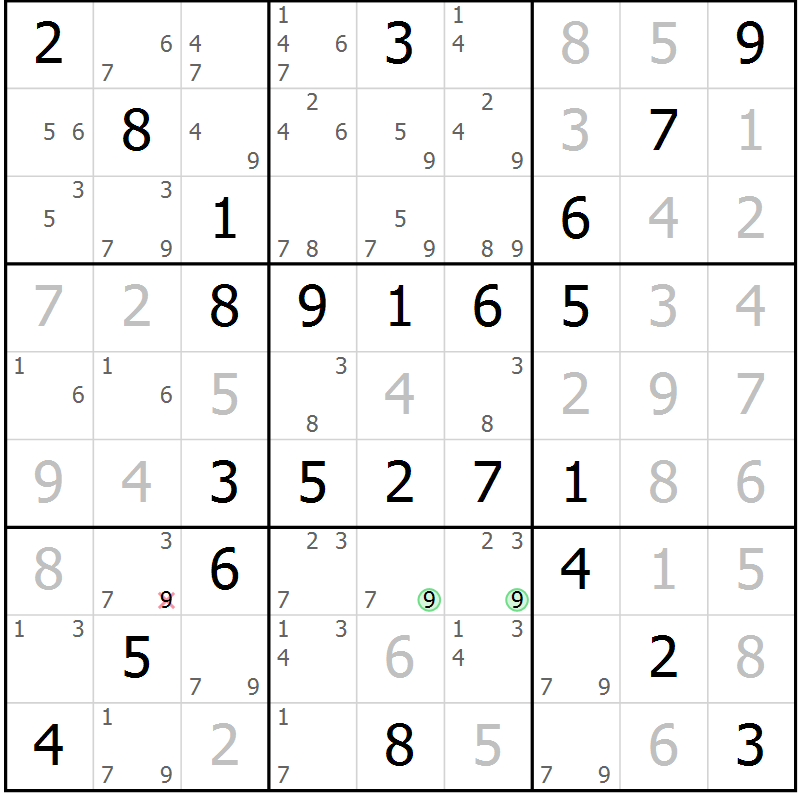 Position des candidats pour la solution de la Gr 56 page 59 du magazine de sudoku Virtuose n° 104