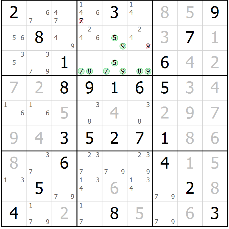 Position des candidats pour la solution de la Gr 56 page 59 du magazine de sudoku Virtuose n° 104