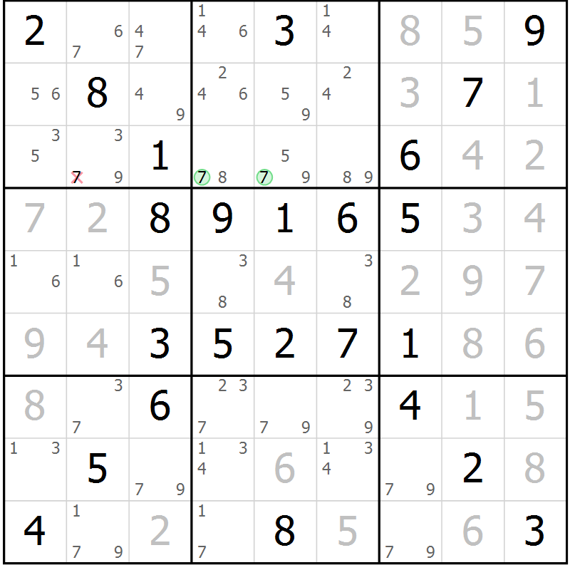 Position des candidats pour la solution de la Gr 56 page 59 du magazine de sudoku Virtuose n° 104