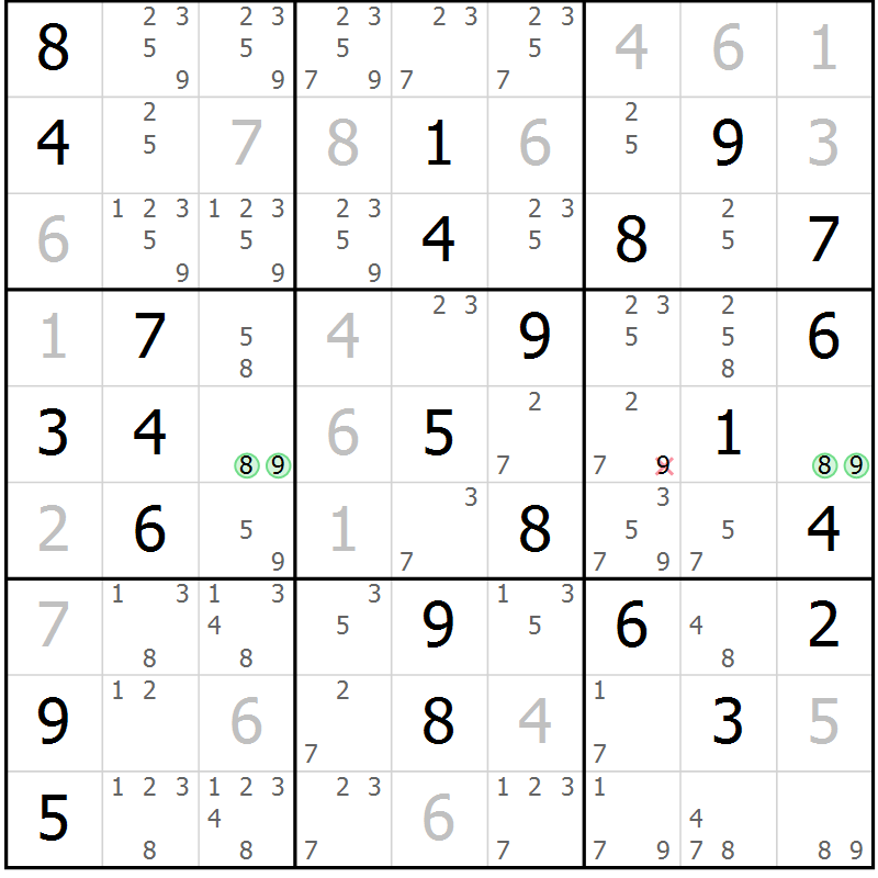 Position des candidats pour la solution de la Gr 57 page 60 du magazine de sudoku Virtuose n° 104