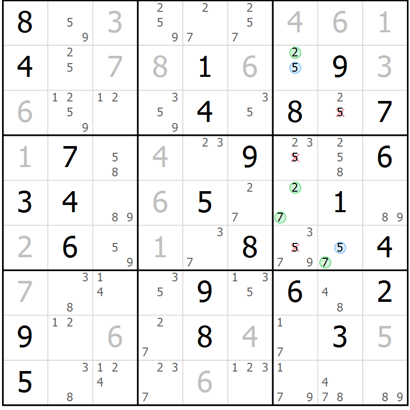 Position des candidats pour la solution de la Gr 57 page 60 du magazine de sudoku Virtuose n° 104